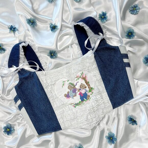 Vintage Teddy Bear Denim Corset Top – Cottagecore Coquette Aesthetic - Picture 5 of 7